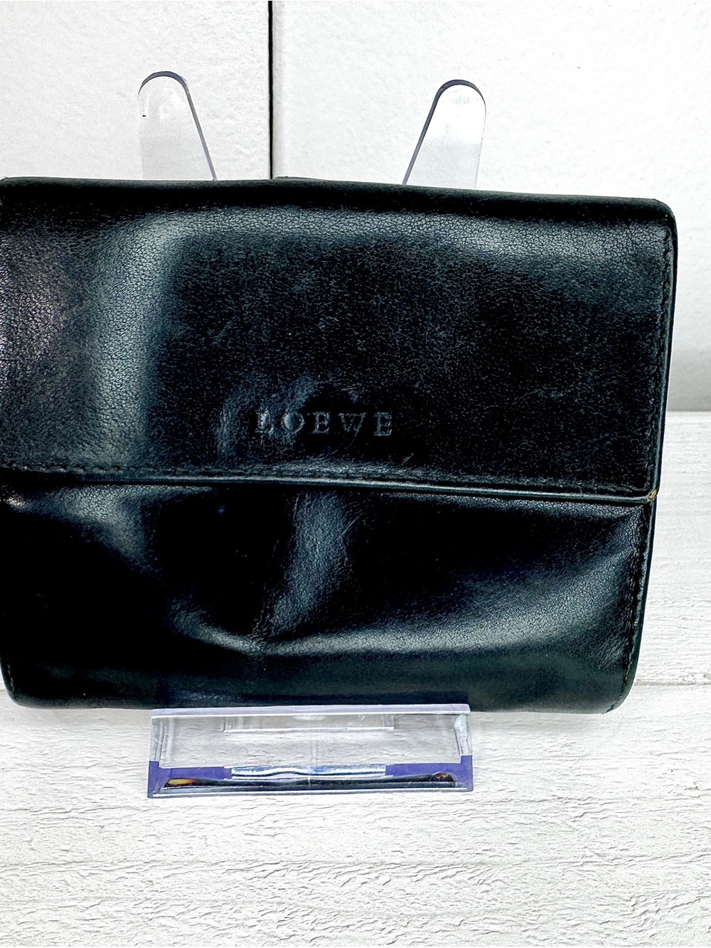 Vintage LOEWE Black Leather Compact Wallet Coin Purse Made in Spain